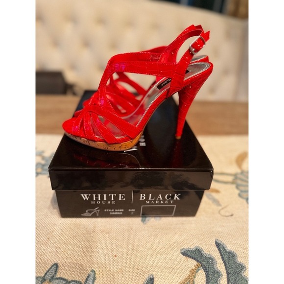 White House Black Market Red Heels Sandals Strappy Cork Platform Size 7 - Picture 2 of 9